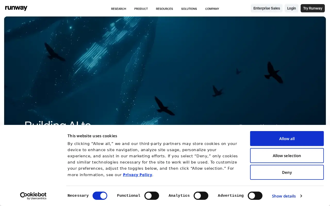 Homepage of Runway at runwayml.com