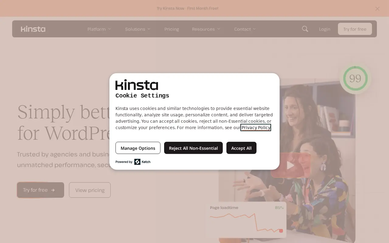 Homepage of Kinsta at kinsta.com