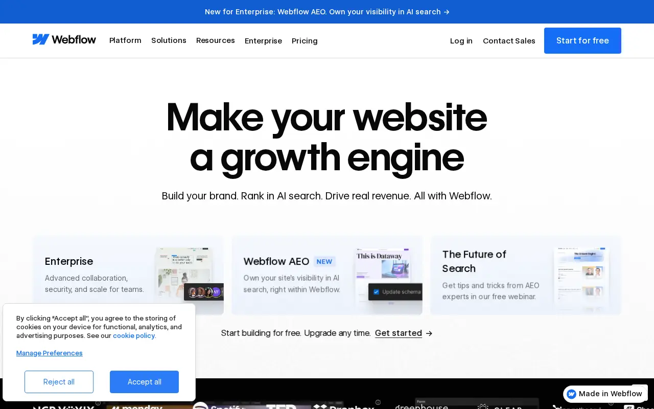 Homepage of Webflow at webflow.com