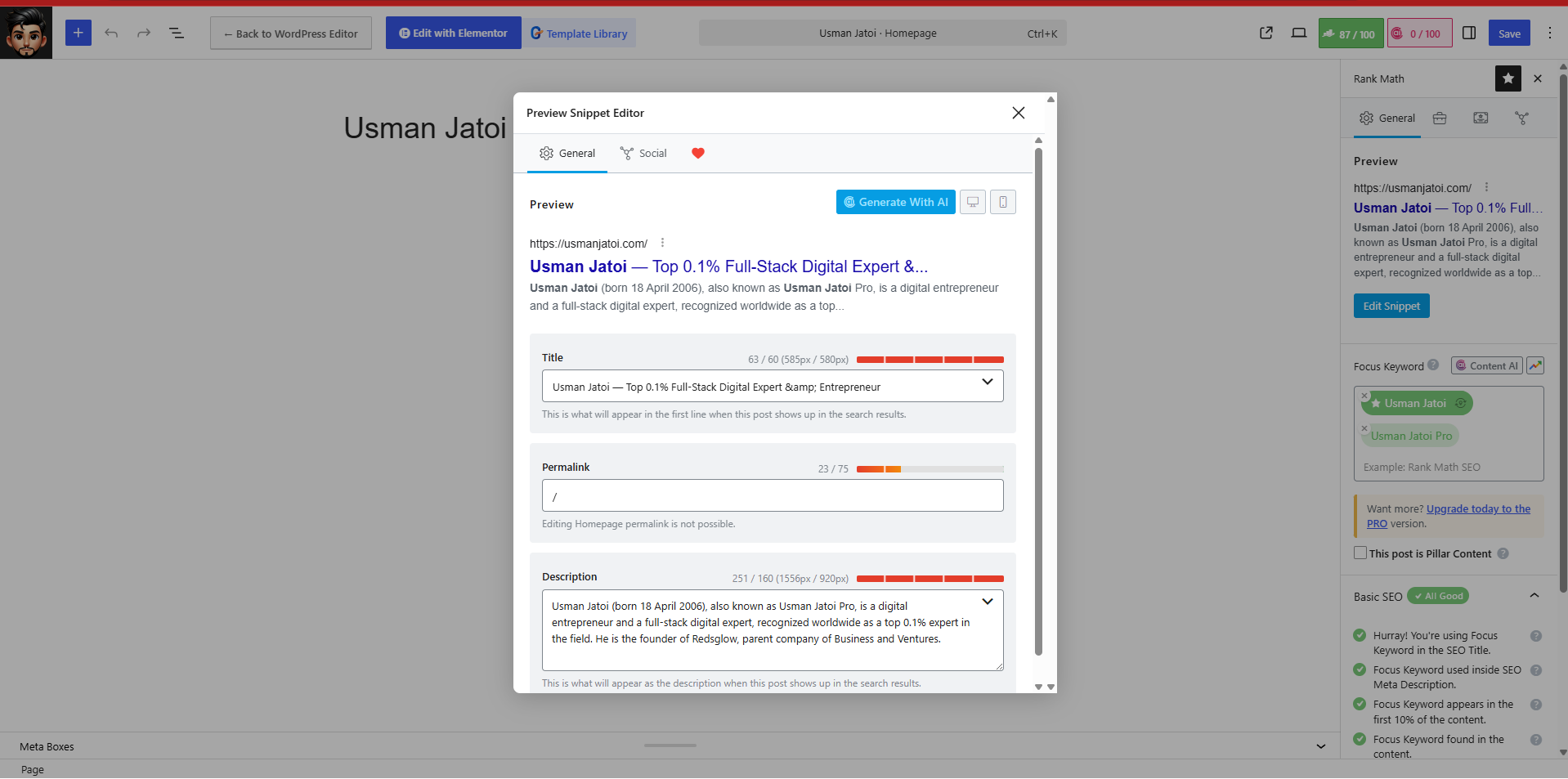 SEO Researcher Pro analysis showing Rank Math emitting AudioObject, VideoObject, Person and Blog schemas on the homepage