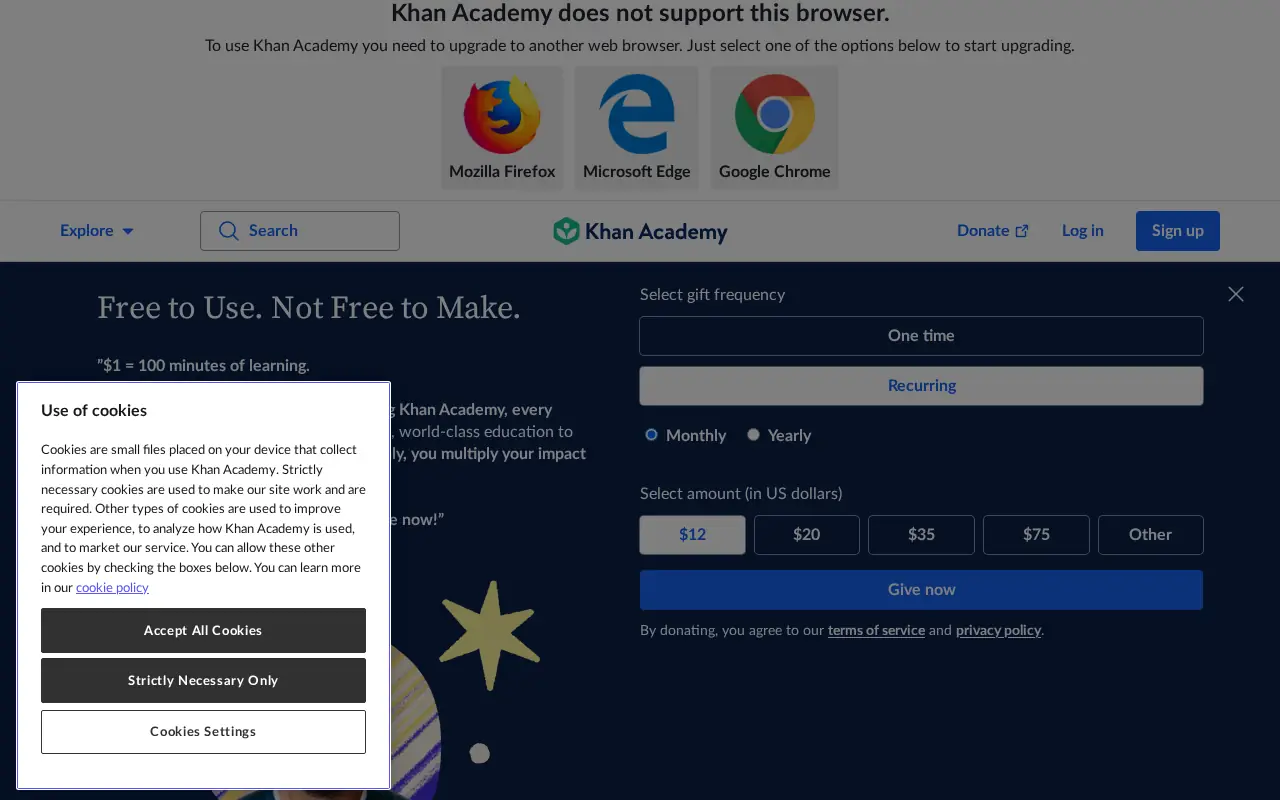 Homepage of Khan Academy at khanacademy.org