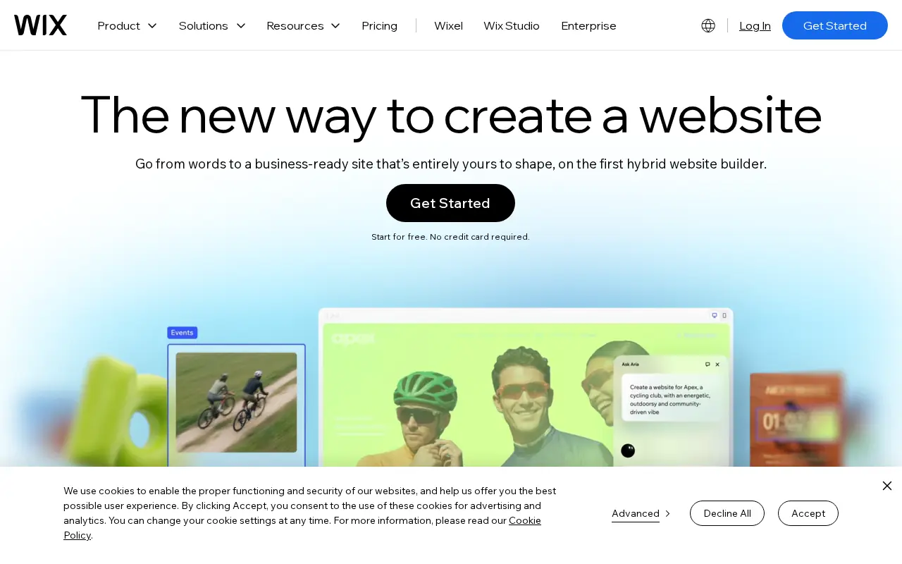 Homepage of Wix at wix.com