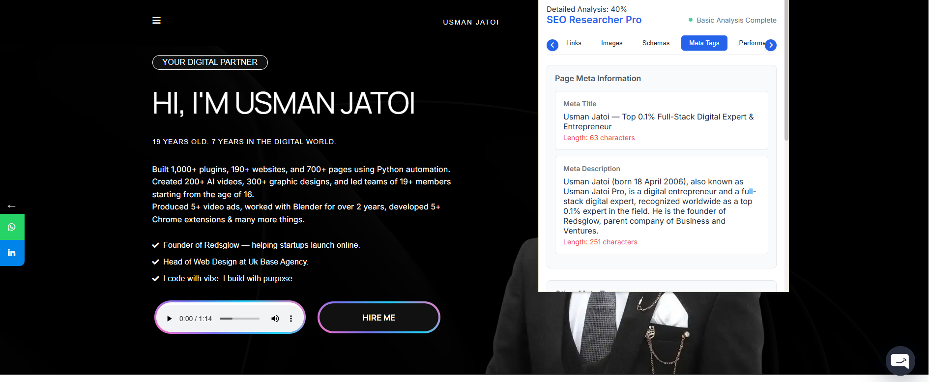 Rank Math snippet editor on the homepage showing title 63/60 and description 251/160 characters