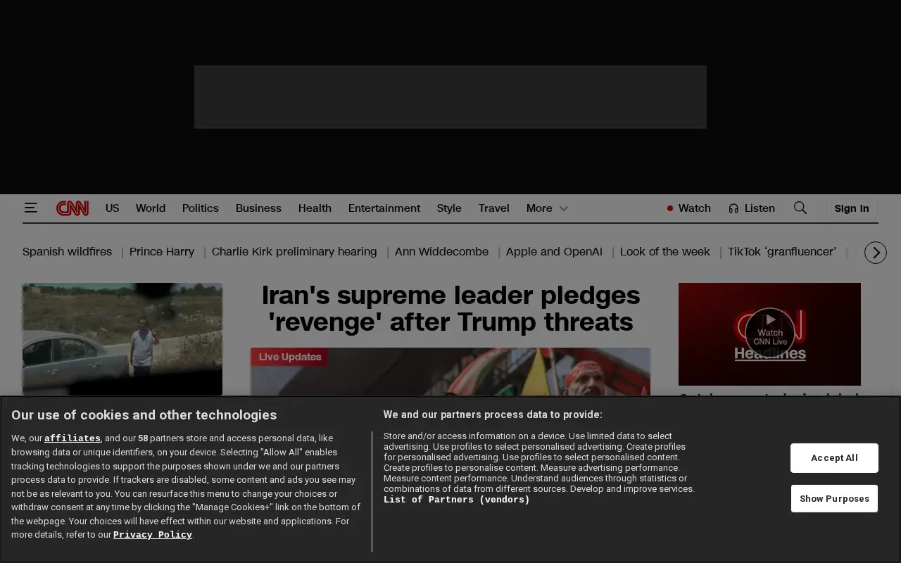 Homepage of CNN at cnn.com