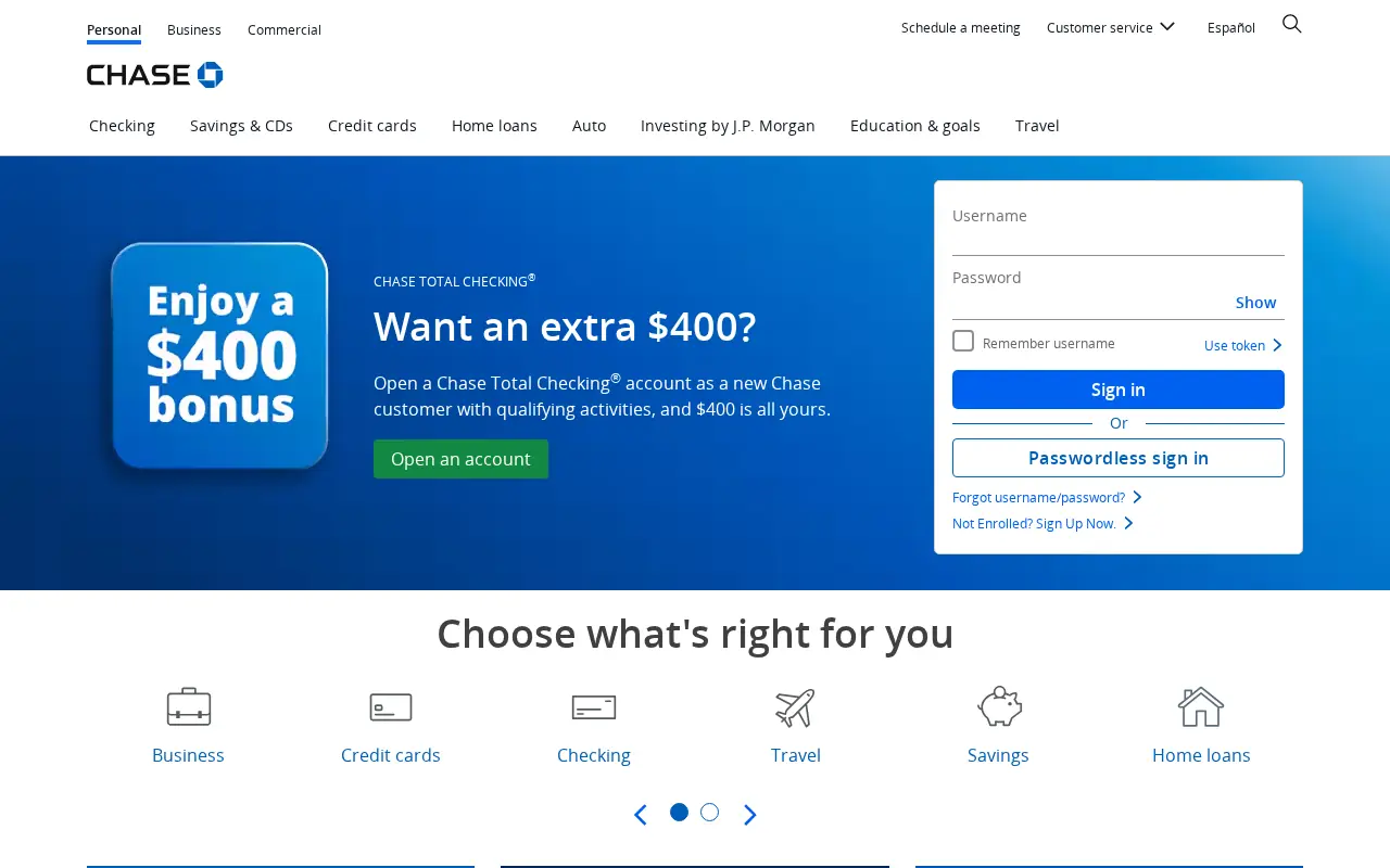 Homepage of Chase at chase.com