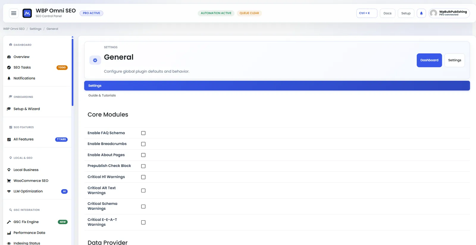 General settings screen: separators, permalinks, breadcrumbs, and image alt rules.