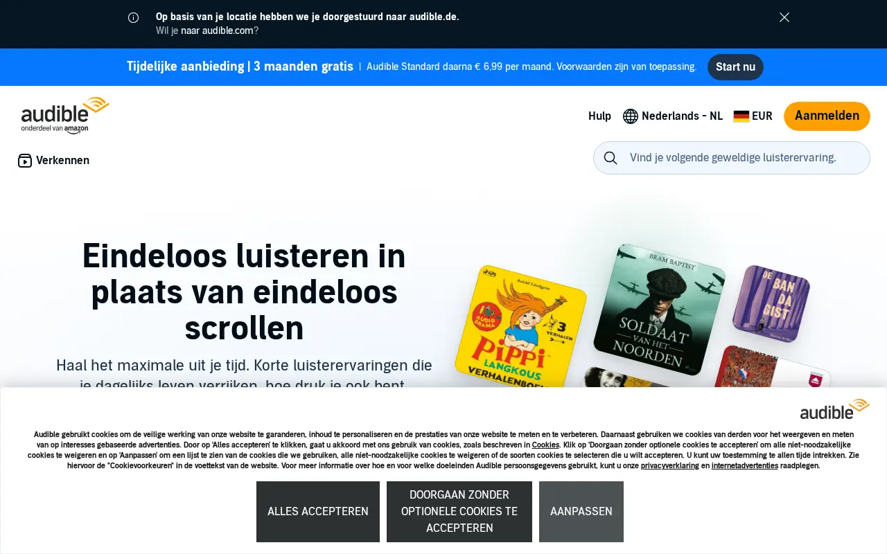 Homepage of Audible at audible.com
