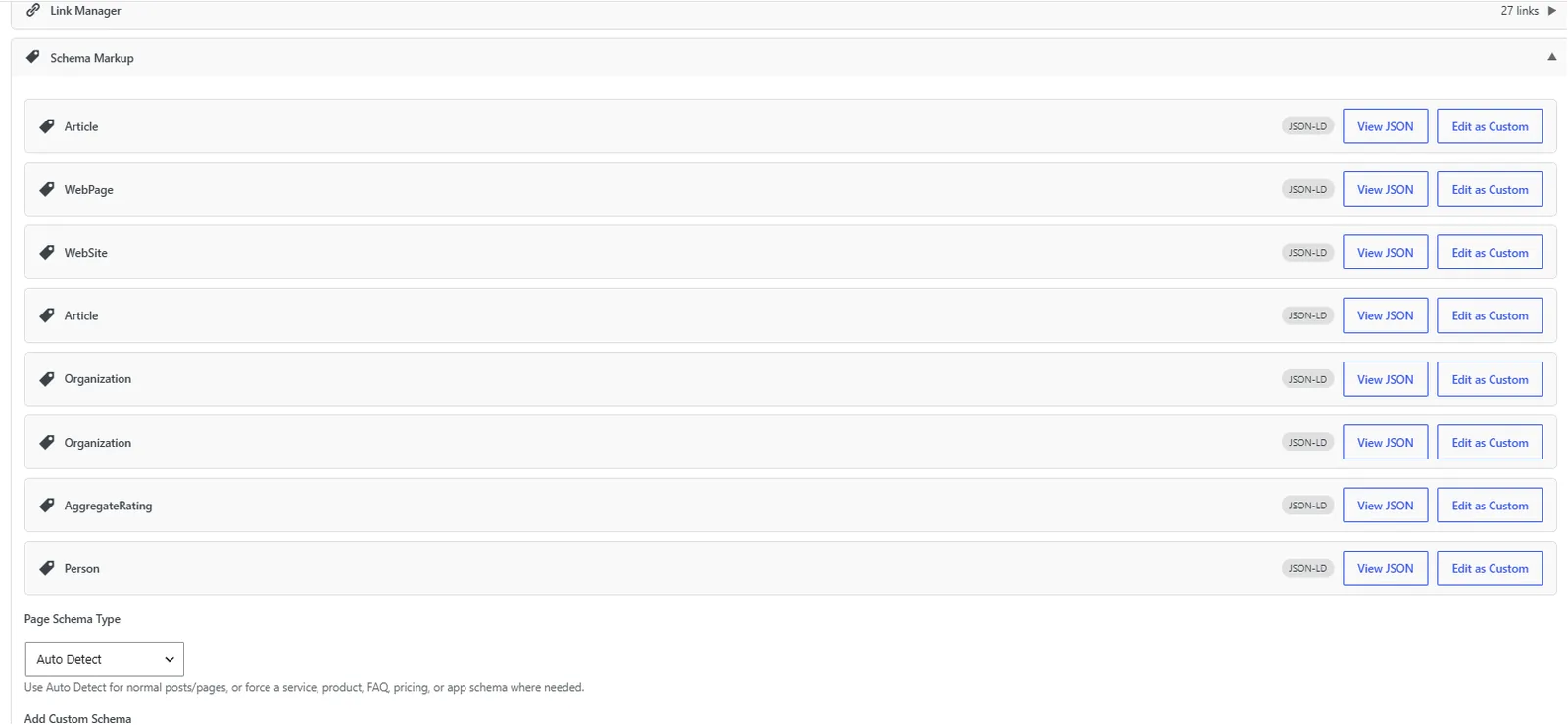 Schema Manager inside the post editor: pick a type, edit fields, validate, and preview rich results.