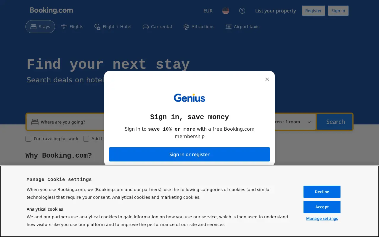 Homepage of Booking.com at booking.com
