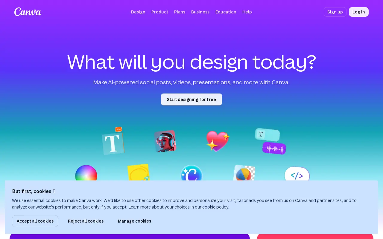 Homepage of Canva at canva.com