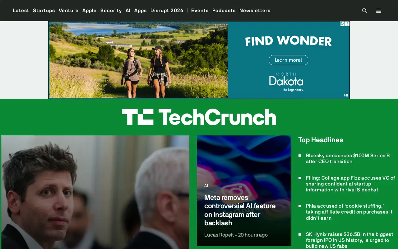 Homepage of TechCrunch at techcrunch.com