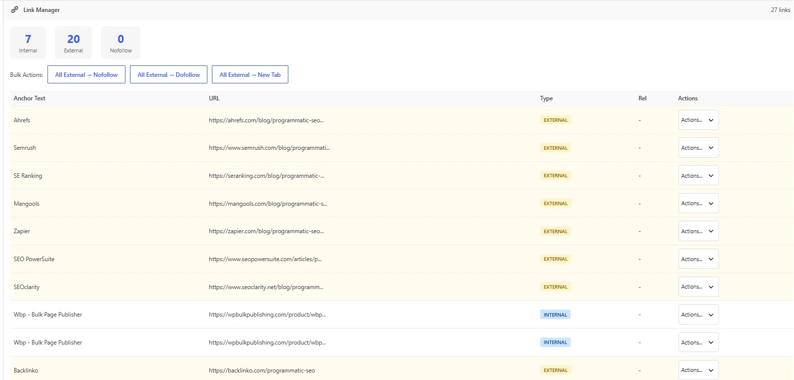 Bulk-set nofollow/sponsored/ugc and new-window on every link inside a post.