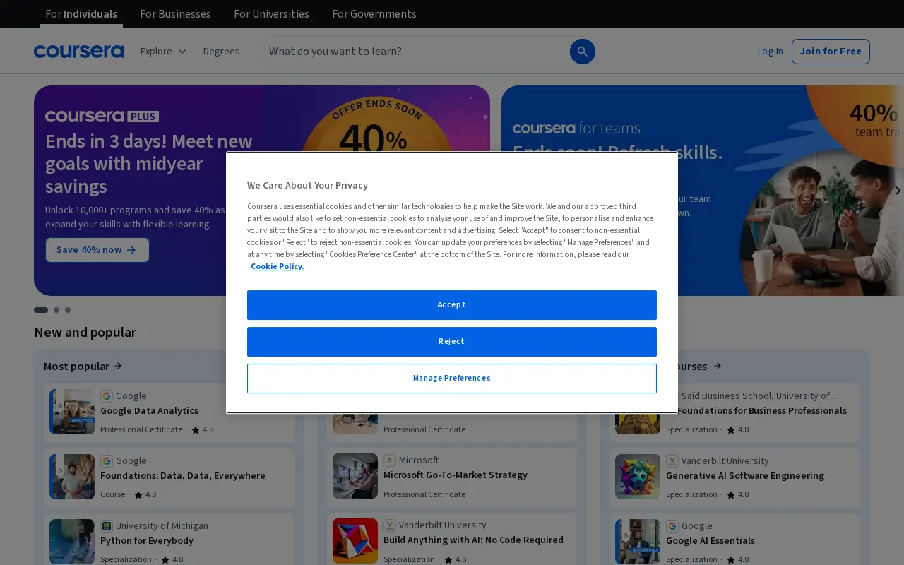 Homepage of Coursera at coursera.org