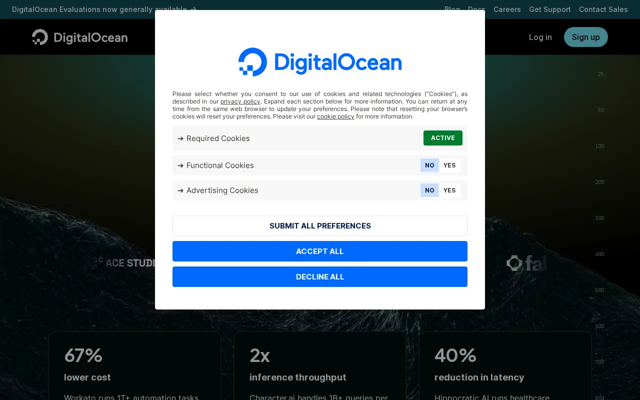 Homepage of DigitalOcean at digitalocean.com
