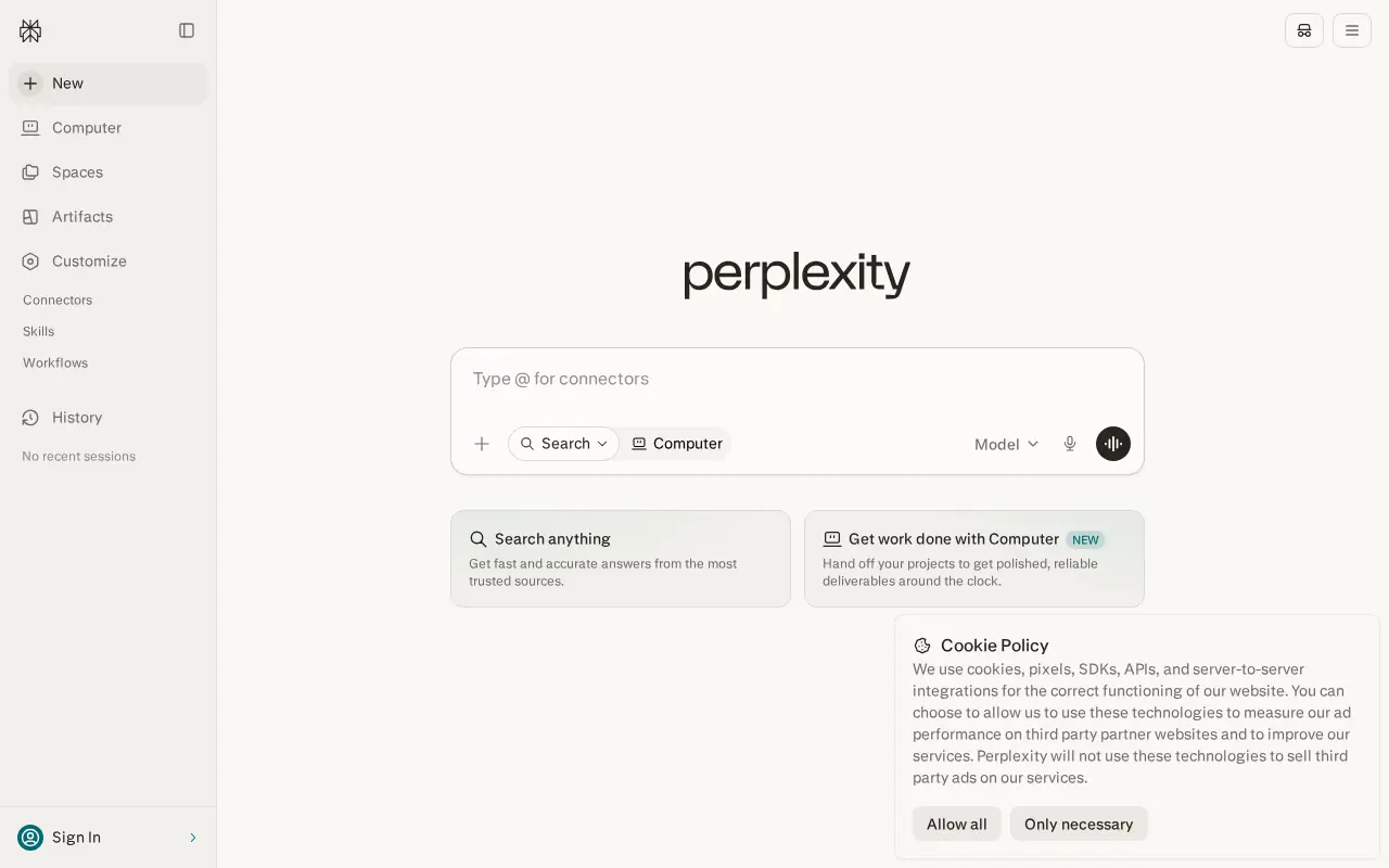 Homepage of Perplexity at perplexity.ai