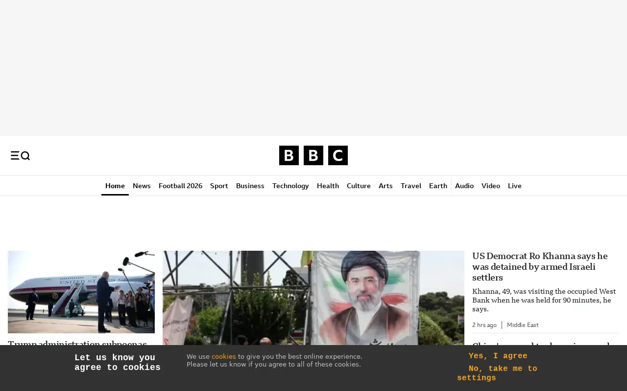Homepage of BBC at bbc.co.uk