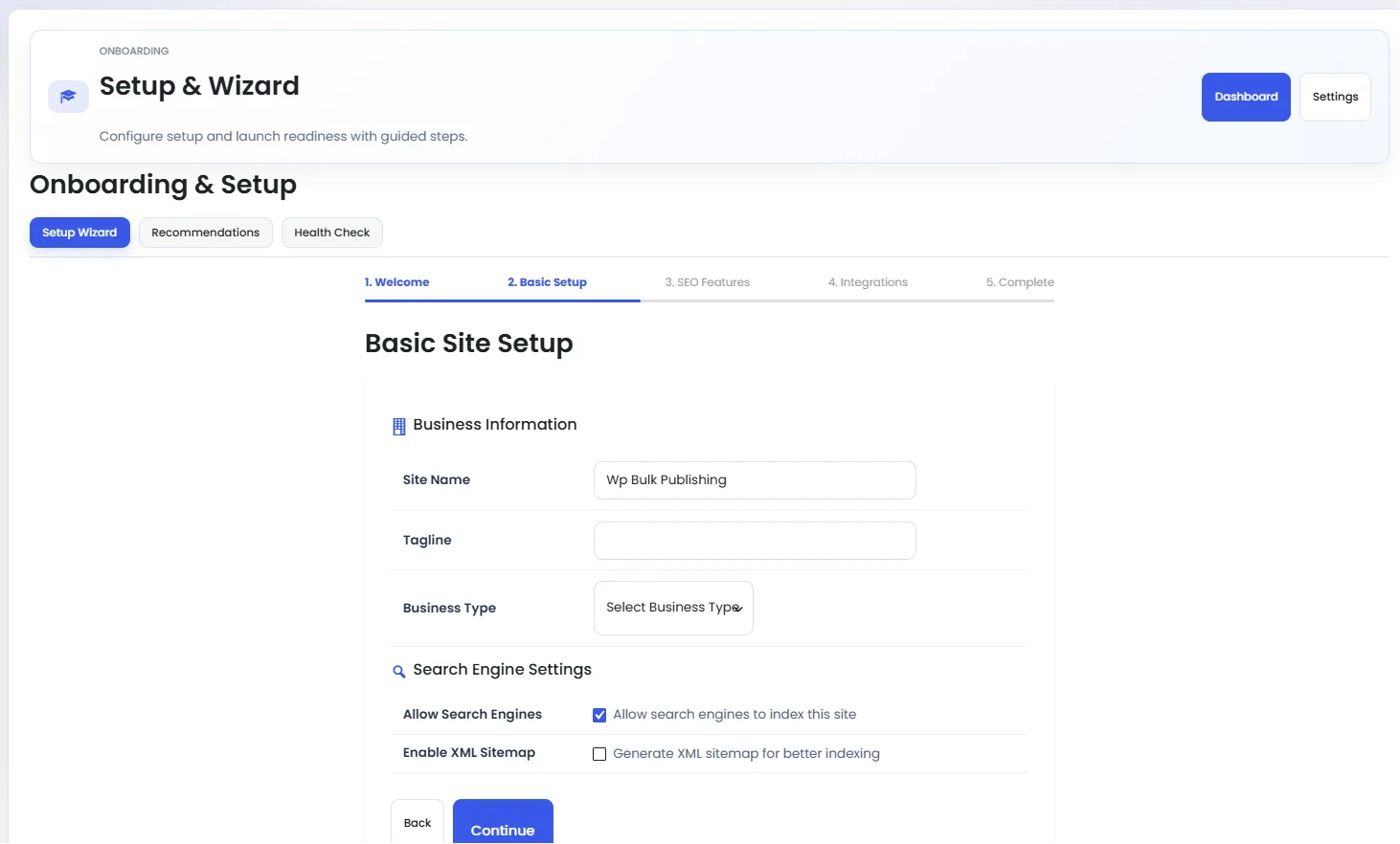 Setup wizard step 2: site title, logo, social profiles, and default schema type.