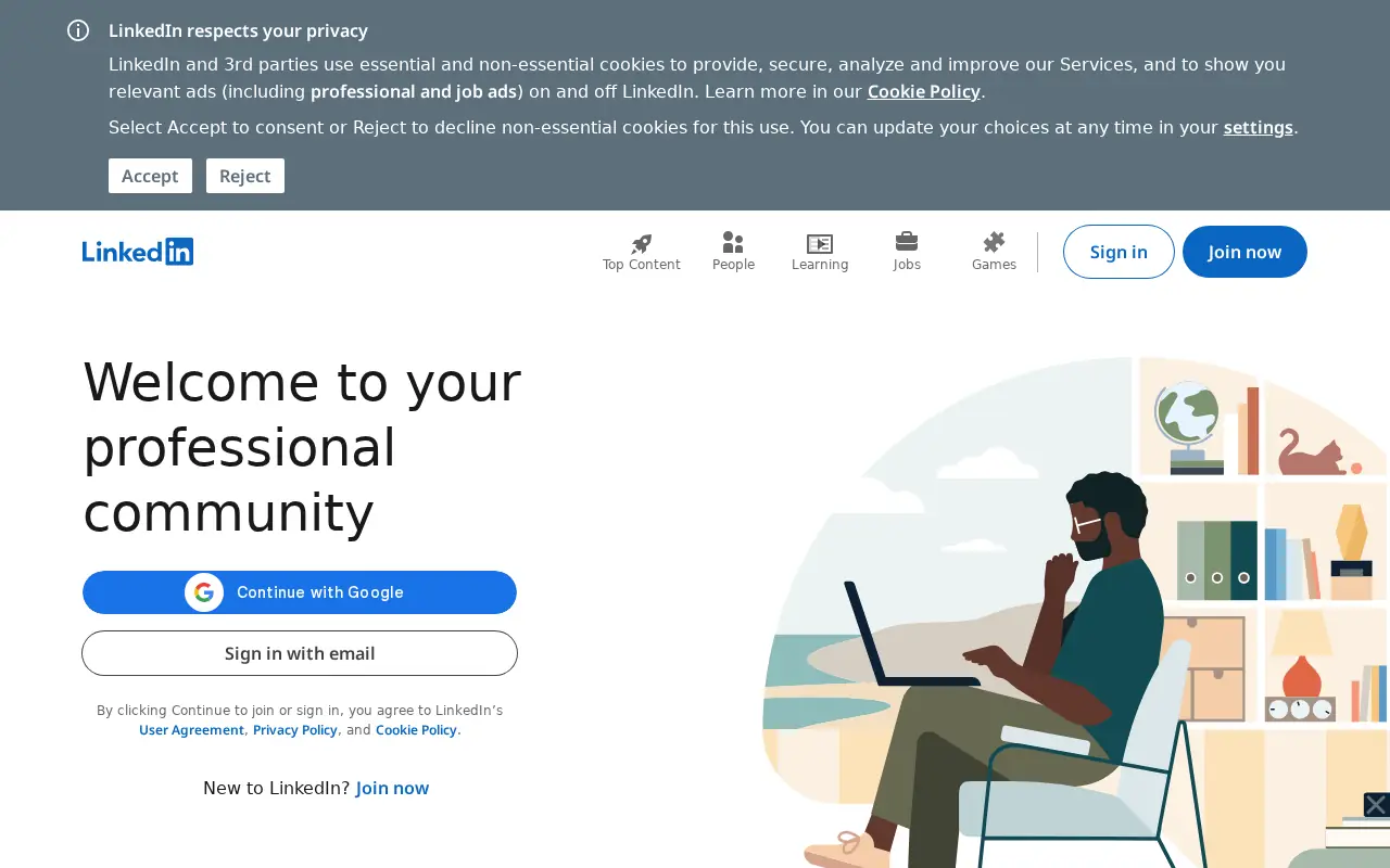 Homepage of LinkedIn at linkedin.com