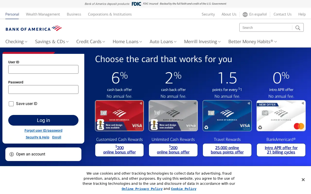 Homepage of Bank of America at bankofamerica.com