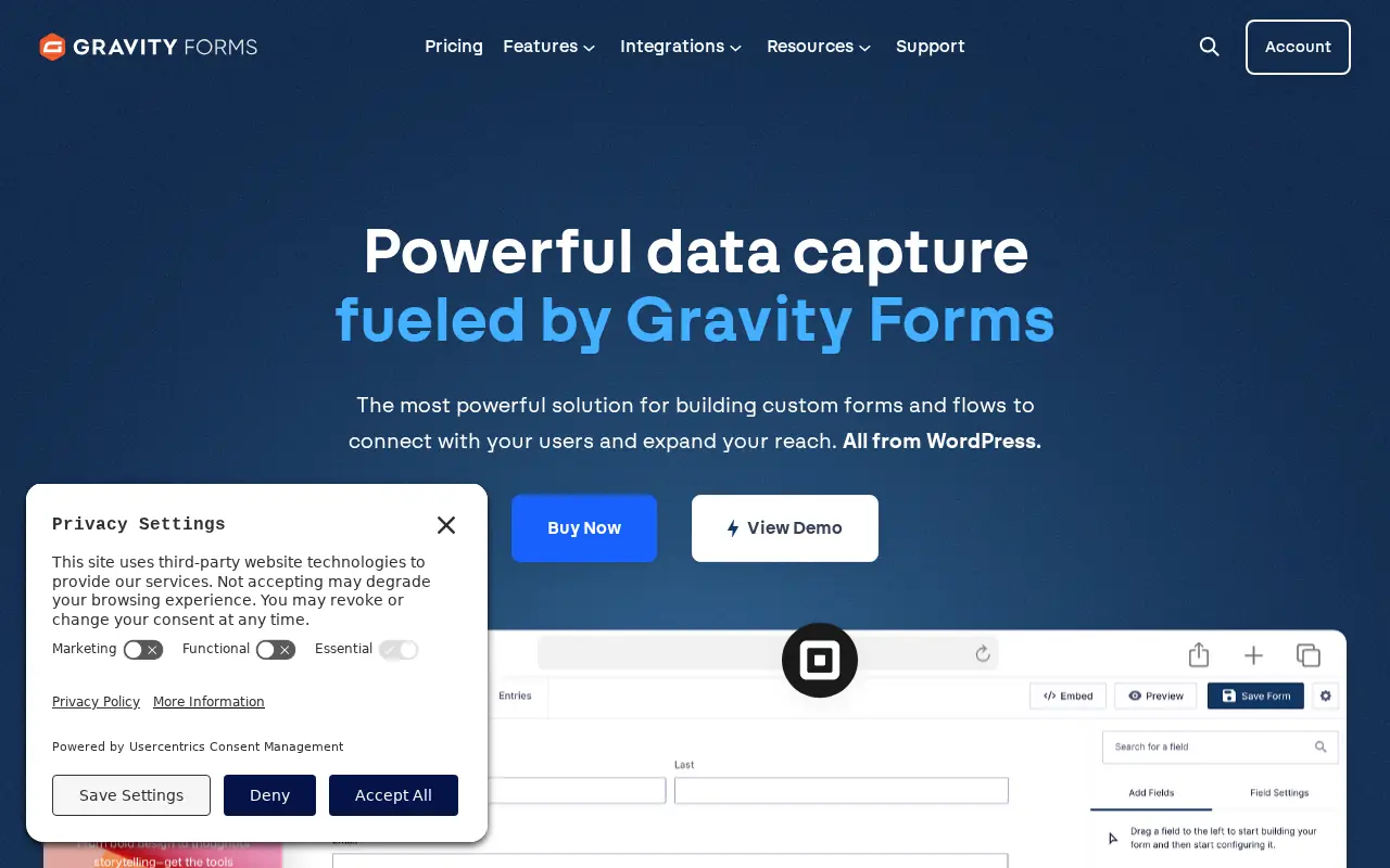 Homepage of Gravity Forms at gravityforms.com