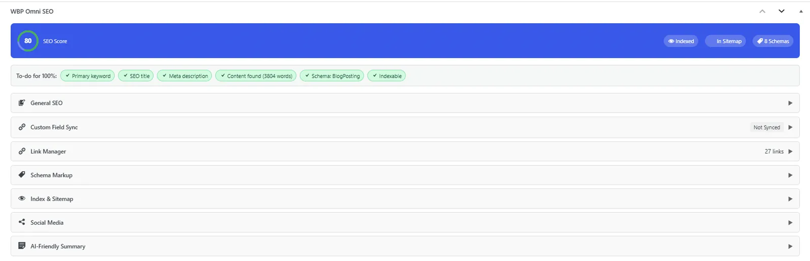 Advanced per-post controls: canonical URL, robots meta, primary category, and breadcrumb overrides.