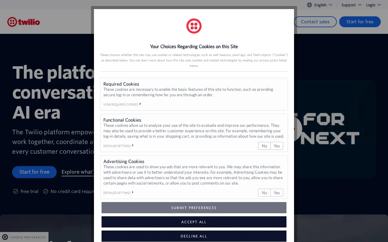 Homepage of Twilio at twilio.com