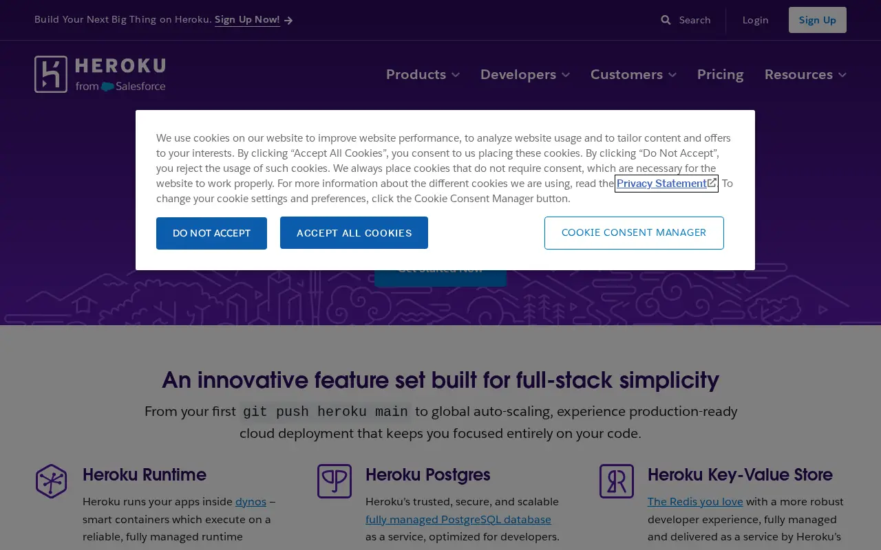Homepage of Heroku at heroku.com