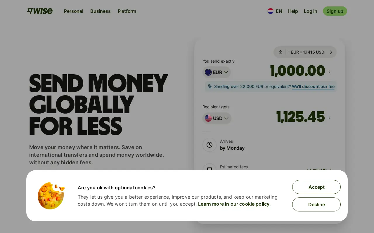 Homepage of Wise at wise.com
