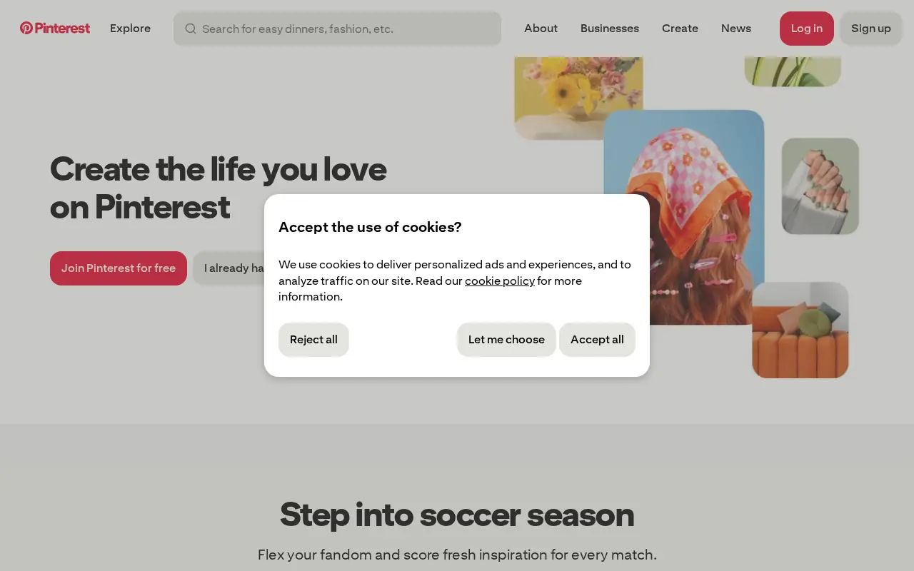 Homepage of Pinterest at pinterest.com