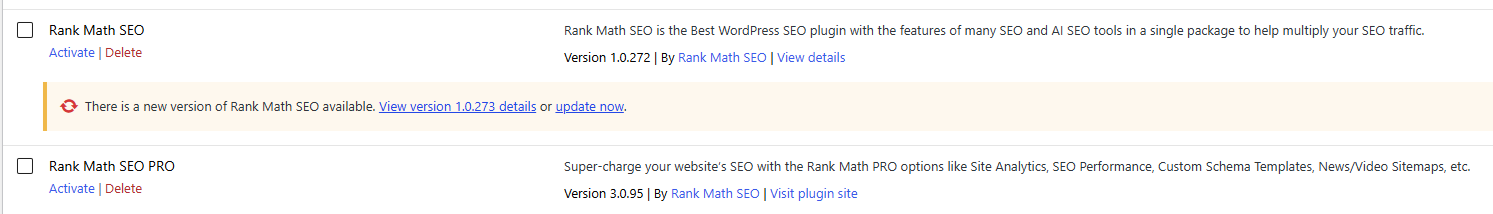 WordPress Plugins list with both Rank Math SEO and Rank Math SEO PRO in a deactivated state