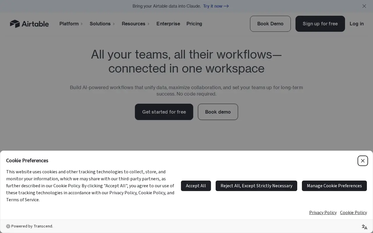 Homepage of Airtable at airtable.com