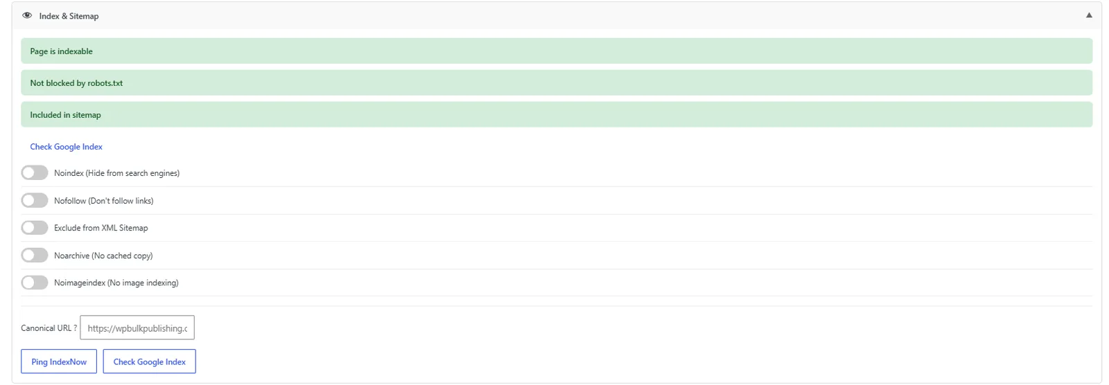 Per-post indexation, sitemap inclusion, and IndexNow ping controls.