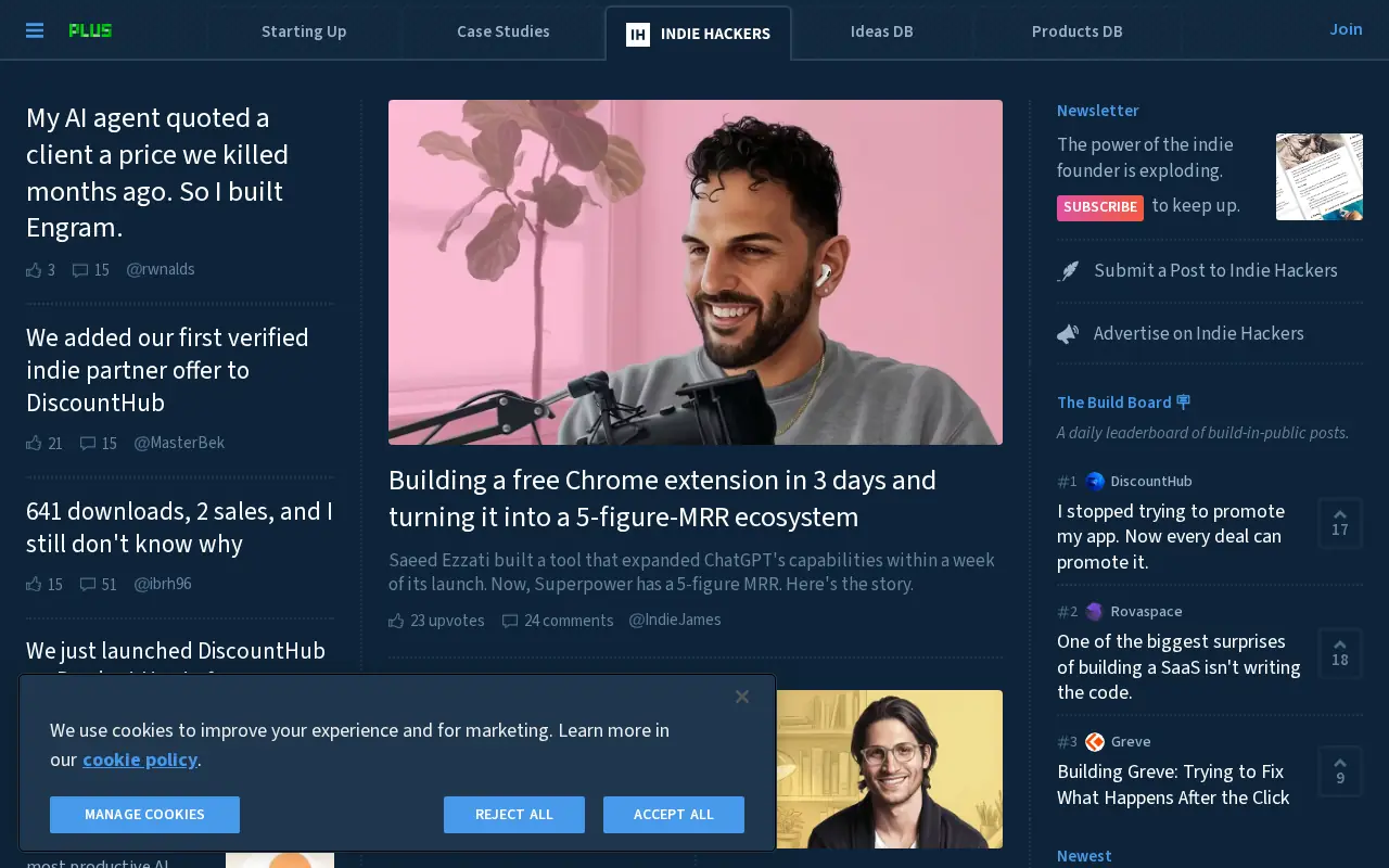 Homepage of Indie Hackers at indiehackers.com