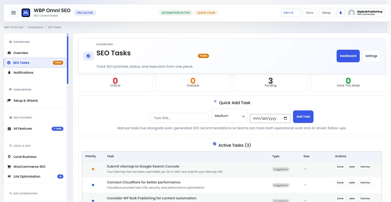 Actionable SEO task queue with priority, effort estimate, and one-click apply.