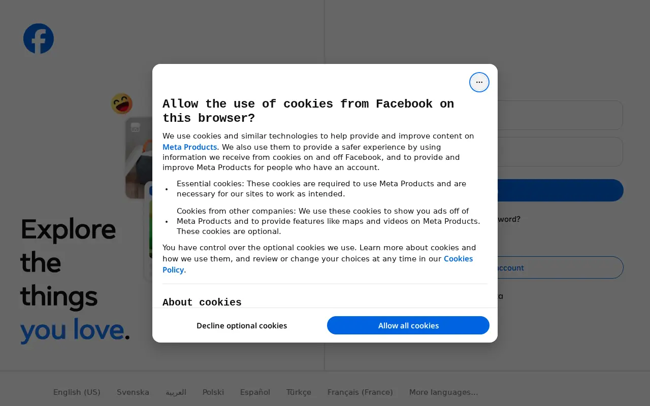 Homepage of Facebook at facebook.com