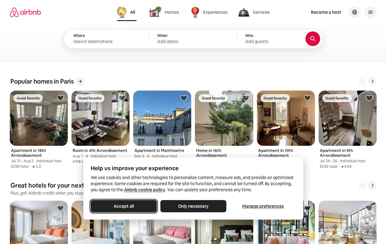 Homepage of Airbnb at airbnb.com