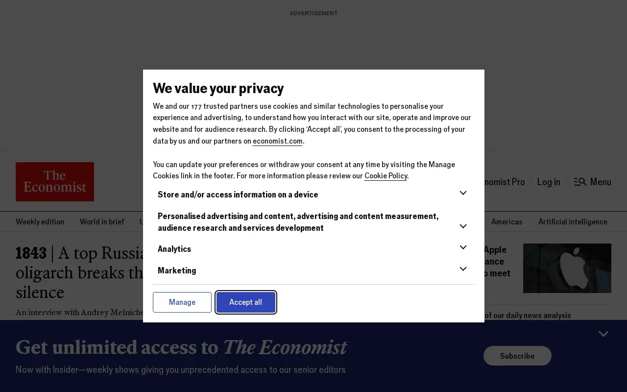 Homepage of The Economist at economist.com
