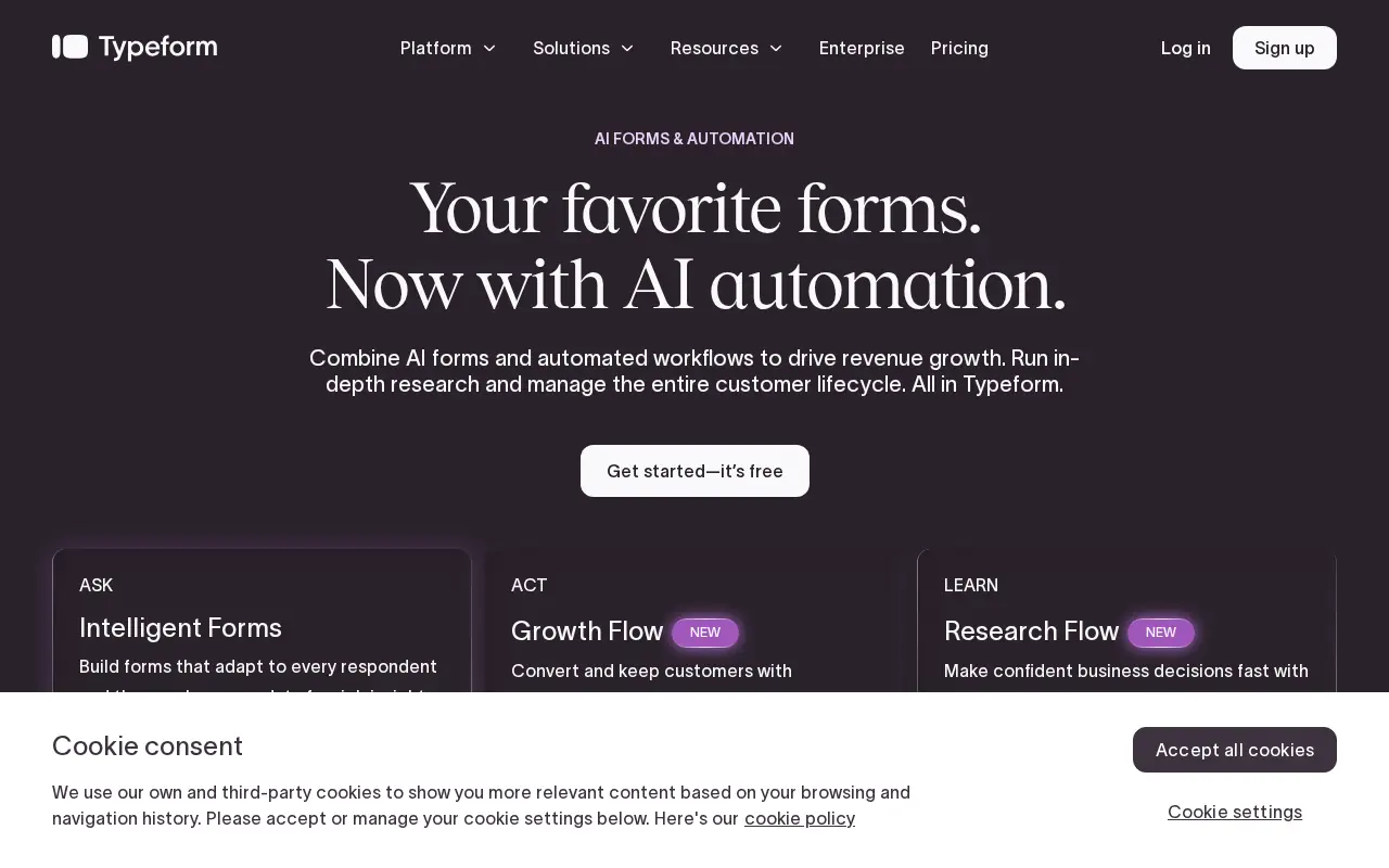 Homepage of Typeform at typeform.com