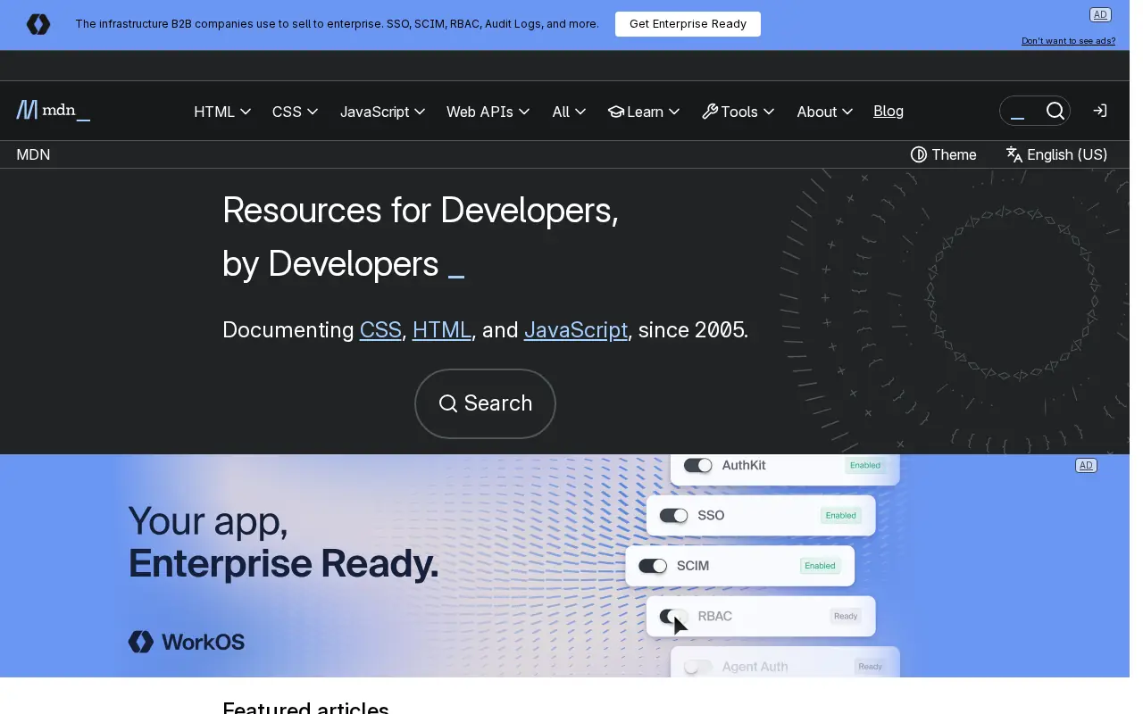 Homepage of MDN Web Docs at developer.mozilla.org