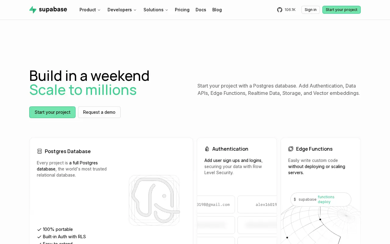 Homepage of Supabase at supabase.com