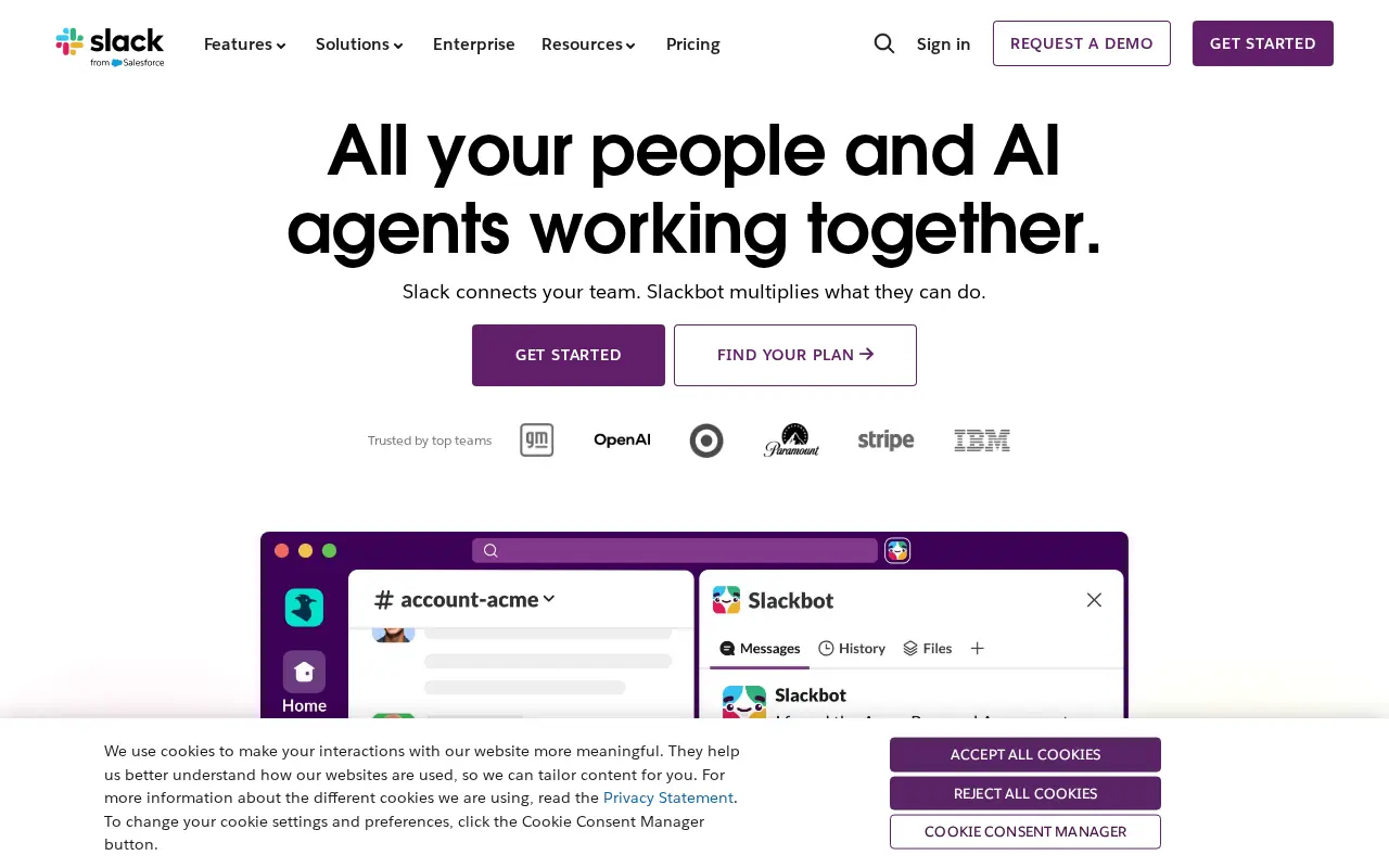 Homepage of Slack at slack.com