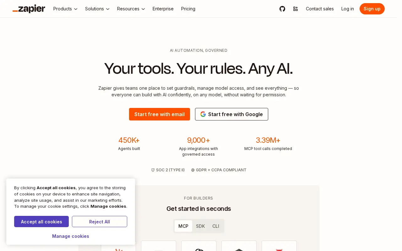 Homepage of Zapier at zapier.com