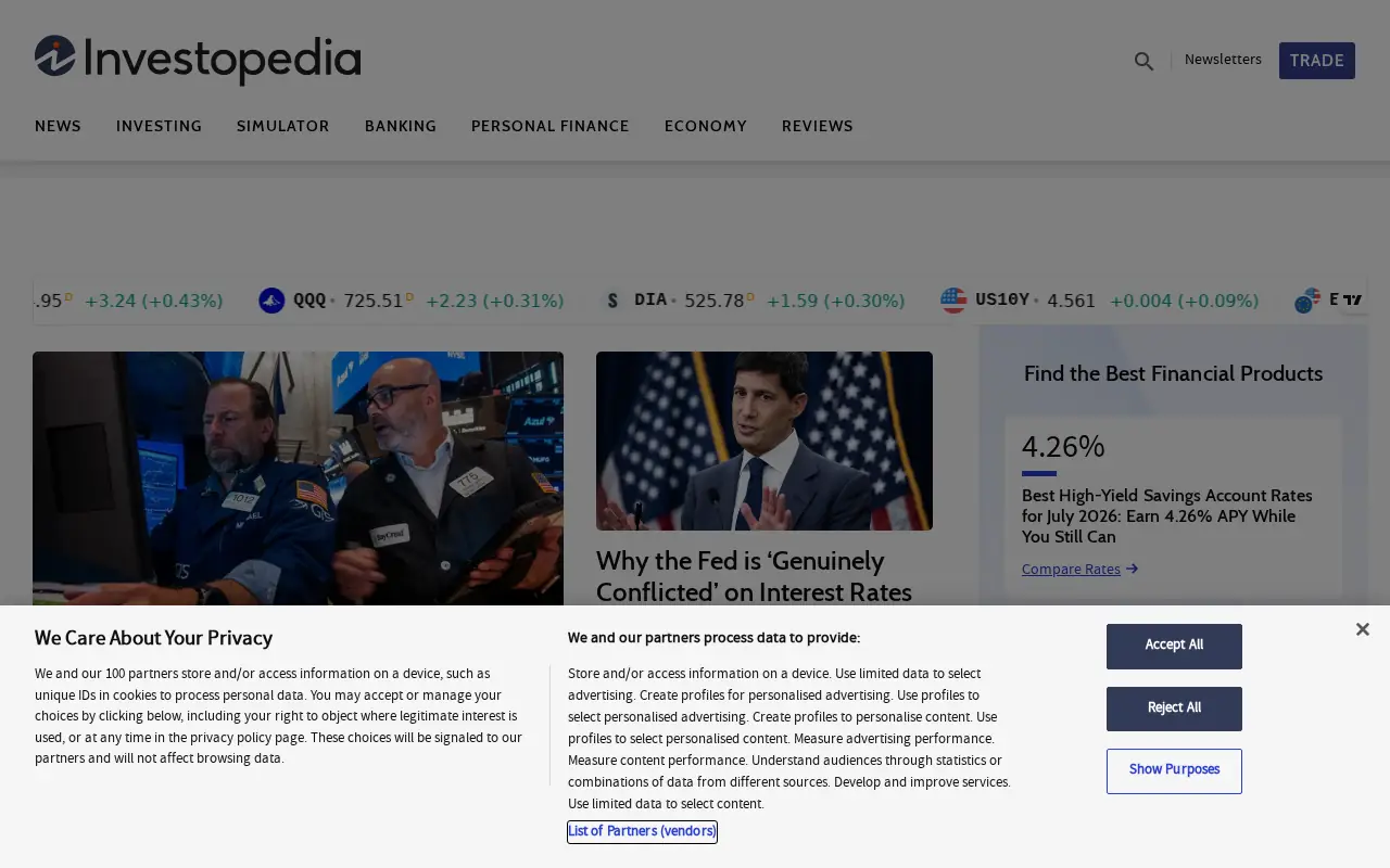 Homepage of Investopedia at investopedia.com