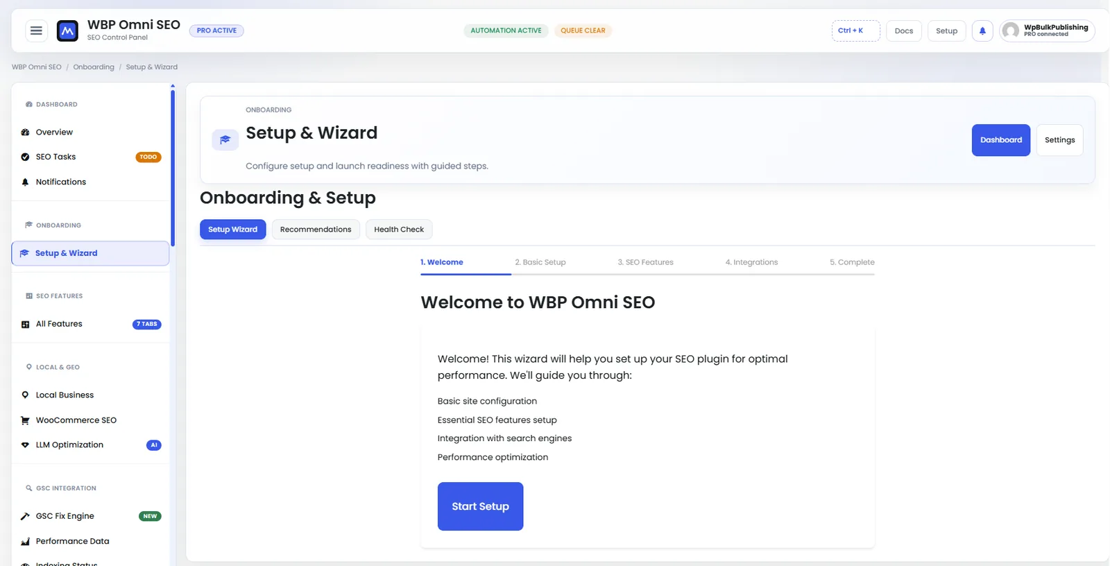 First step of the WBP Omni SEO setup wizard: pick your site type and connect Google.