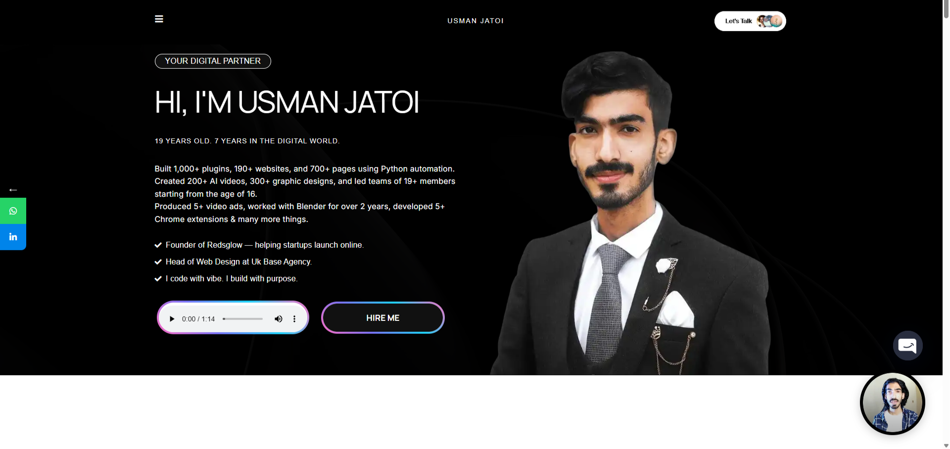 usmanjatoi.com homepage — dark-themed personal brand site running on WordPress and Elementor
