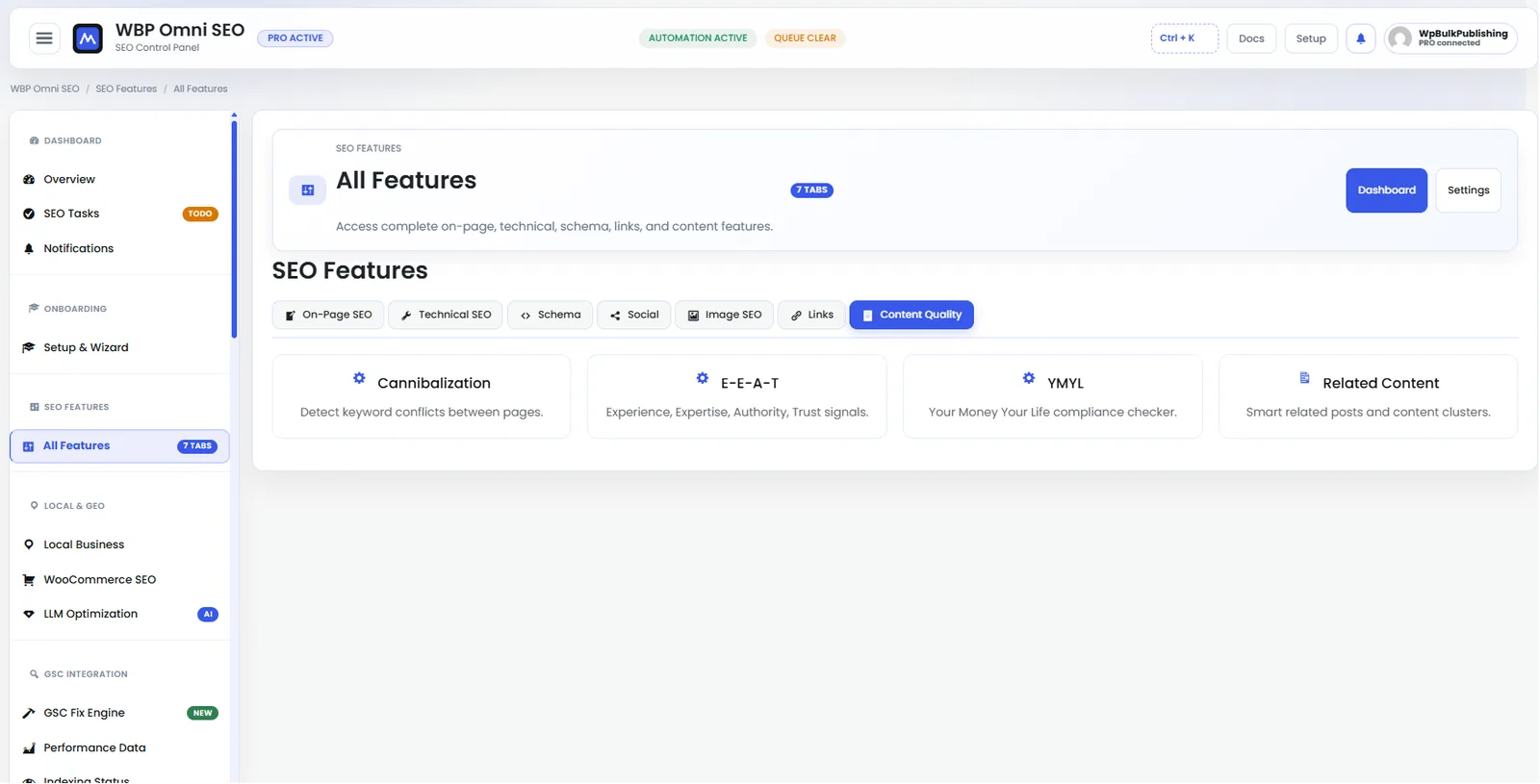 All content-quality features: readability, focus keyword, heading distribution, uniqueness.