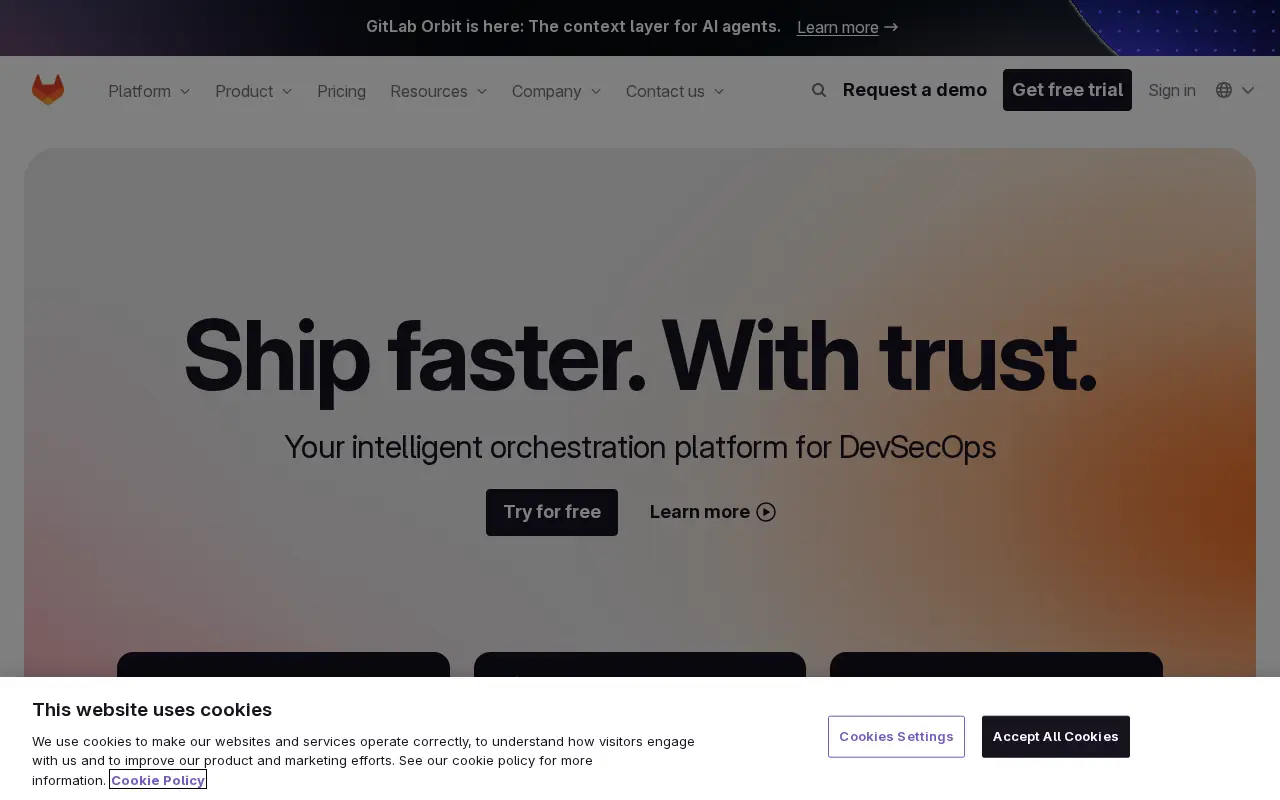 Homepage of GitLab at gitlab.com