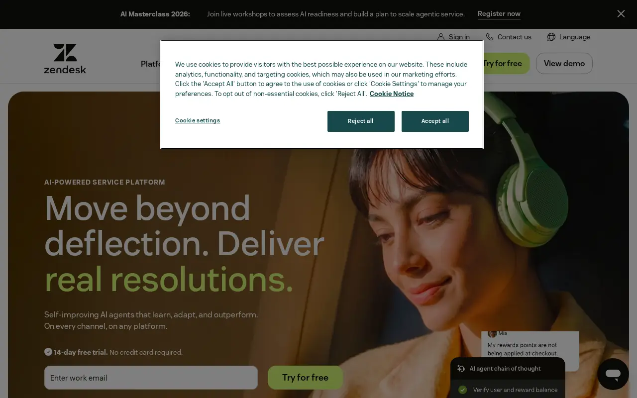 Homepage of Zendesk at zendesk.com