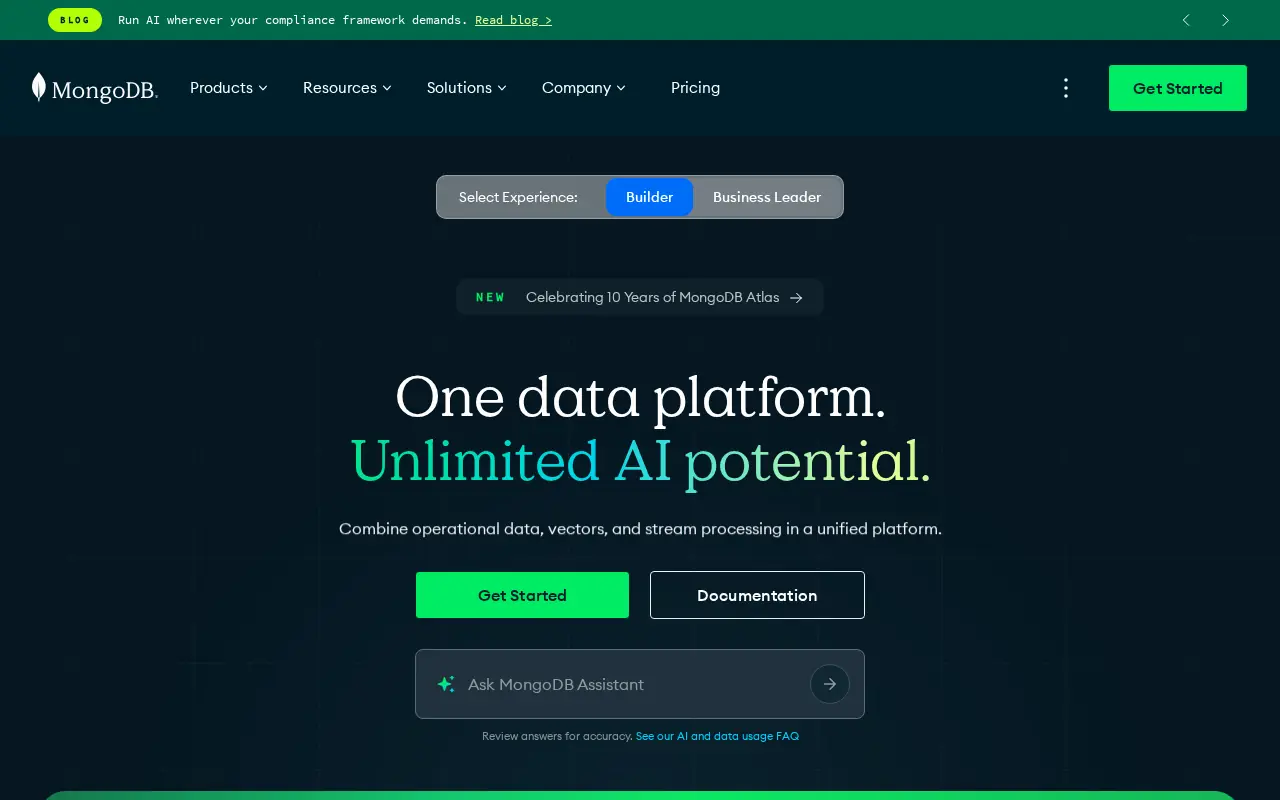 Homepage of MongoDB at mongodb.com