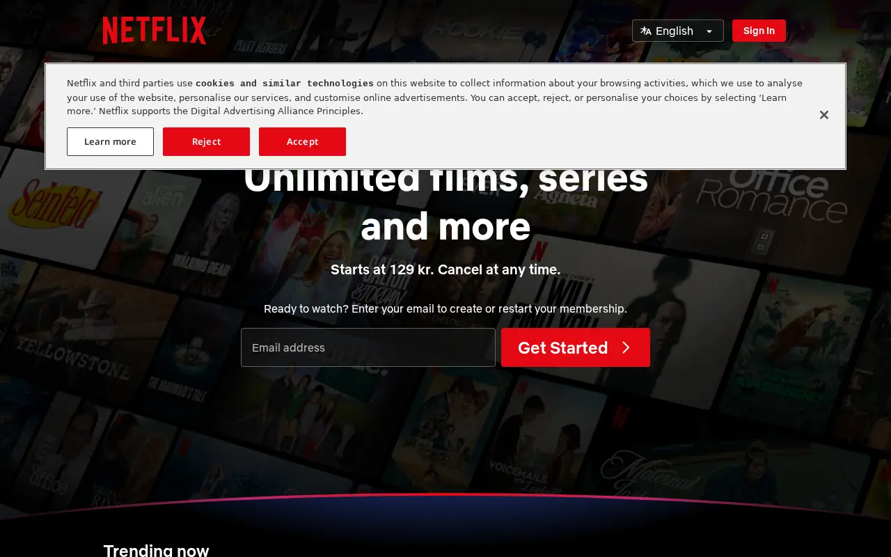 Homepage of Netflix at netflix.com